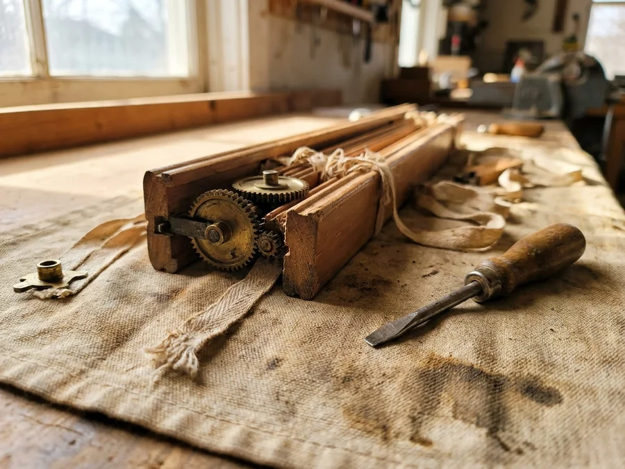Close-up of a timber blind headrail, tilt mechanism and ladder tapes during a repair