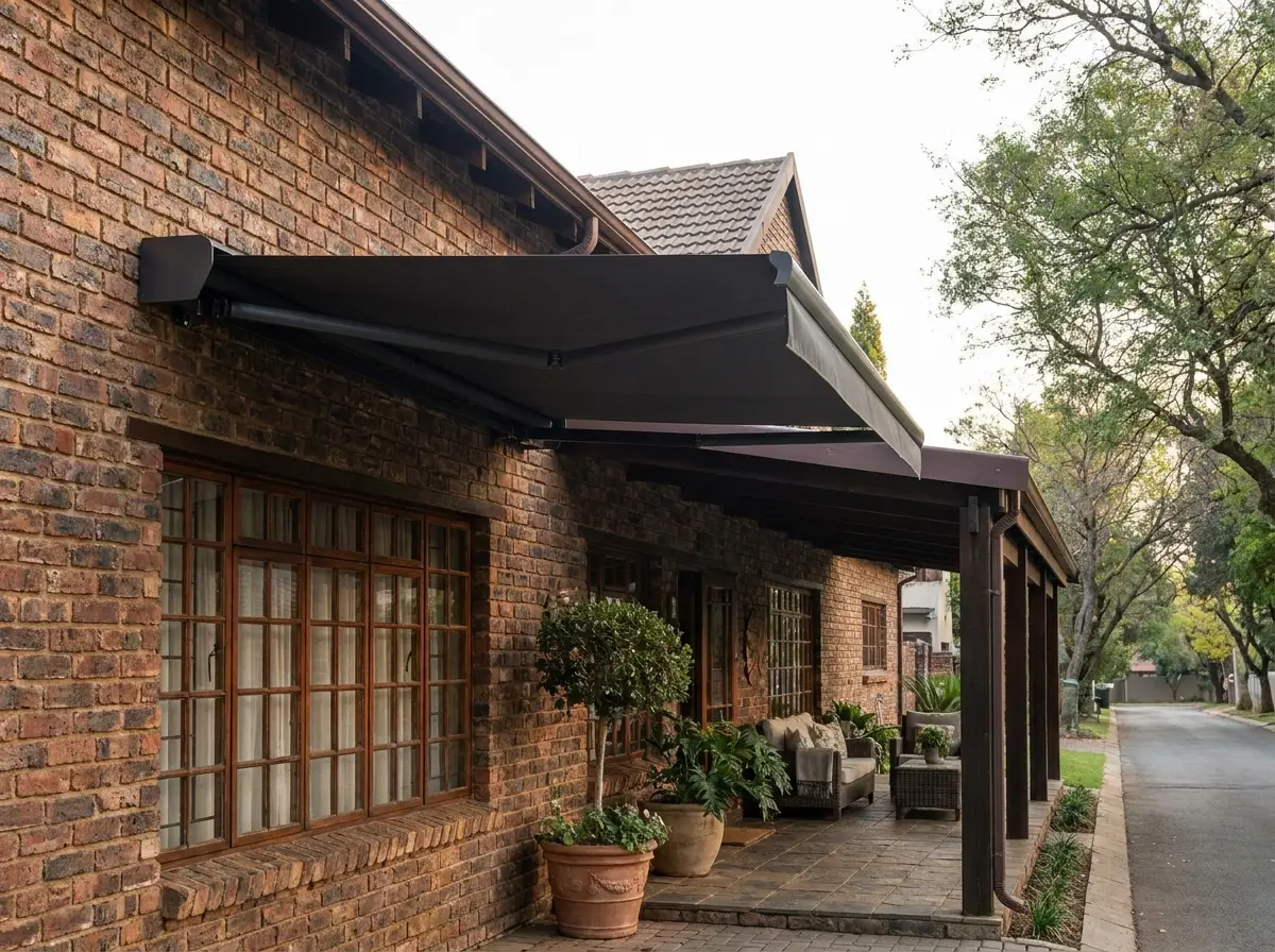 Charcoal folding-arm awning fully extended over a face-brick Brooklyn veranda