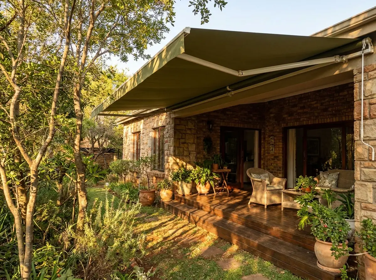 Olive-green folding-arm awning extended over a garden-facing veranda, Groenkloof Pretoria home