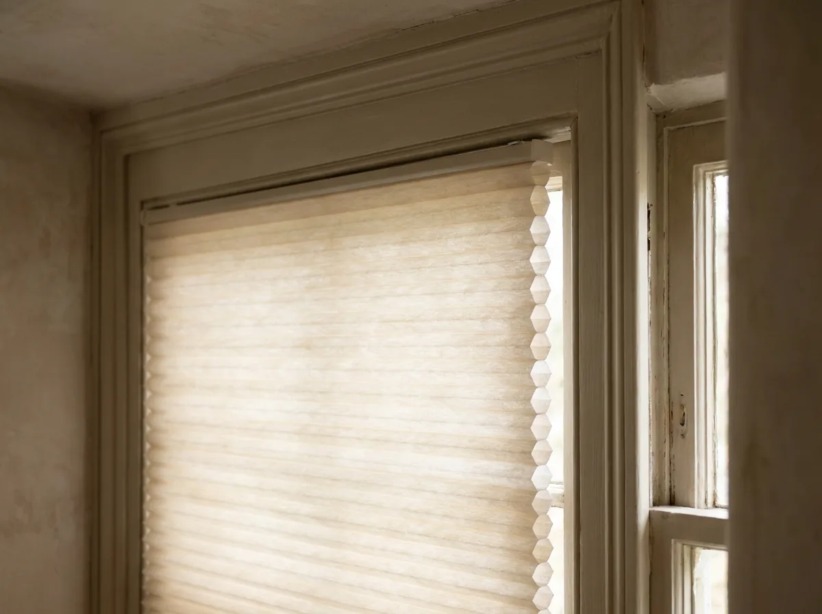 A cellular honeycomb blind fitted inside the deep reveal of a timber sash window in a restored Brooklyn bedroom, the hexagonal cell structure visible at the side edge