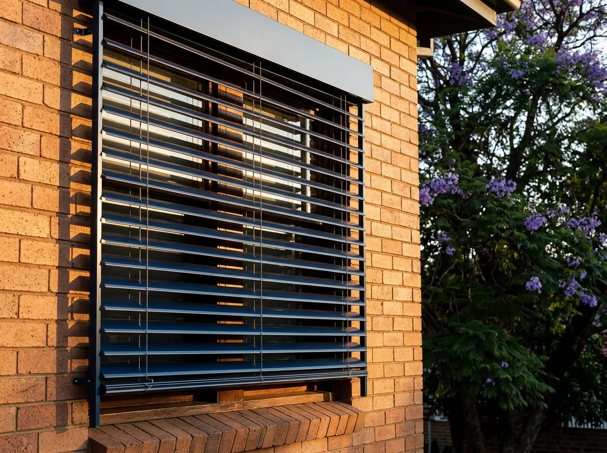 An external aluminium venetian blind mounted outside a west-facing window on a Brooklyn face-brick home, wide slats tilted against the low afternoon sun