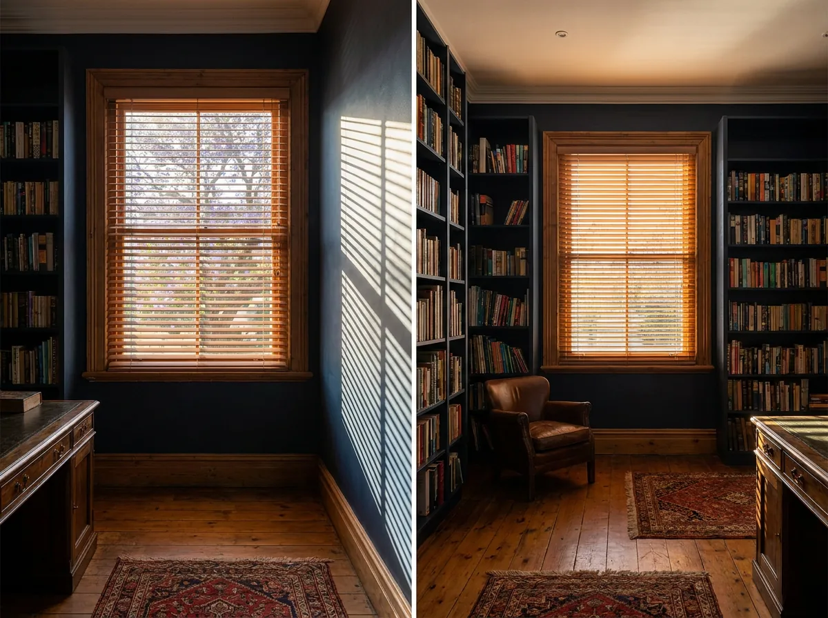 A warm timber venetian blind tilted half open on a tall sash window in a navy book-lined Brooklyn study, sun throwing bands of light across a wooden floor