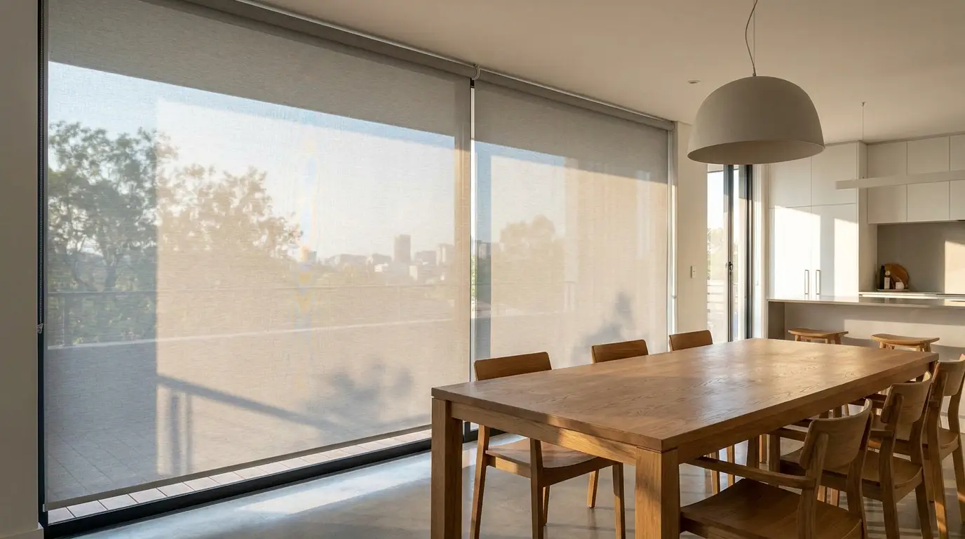 Light grey sunscreen roller blind lowered over a large window in a bright open-plan dining room, oak table in foreground, Waterkloof Pretoria home