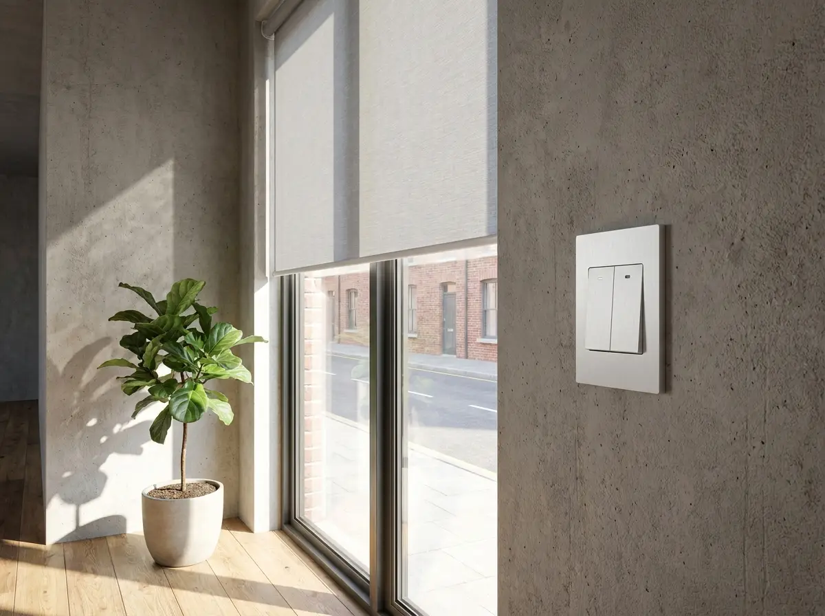 Wall-mounted motorised blind switch beside a Brooklyn home window
