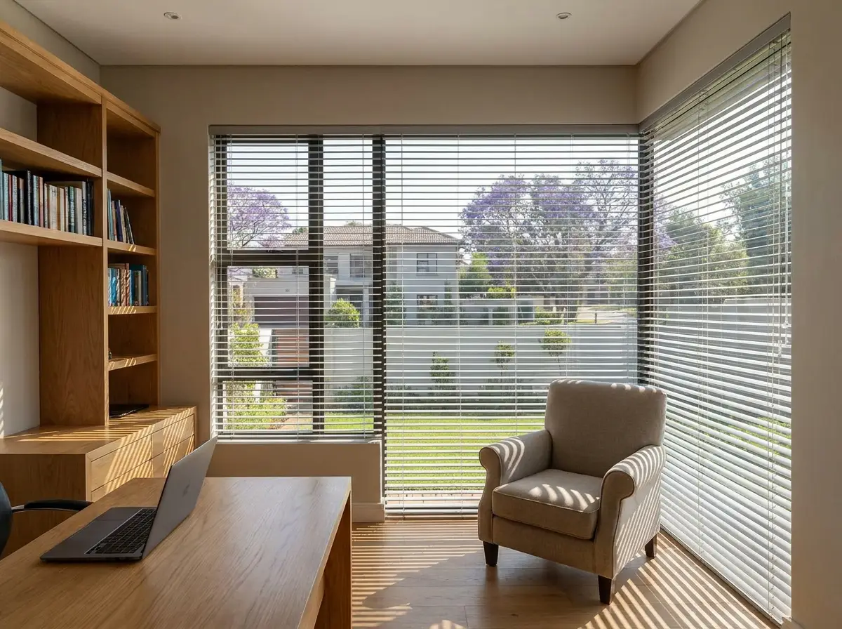 Motorised aluminium venetian blind tilted in a Brooklyn home study window