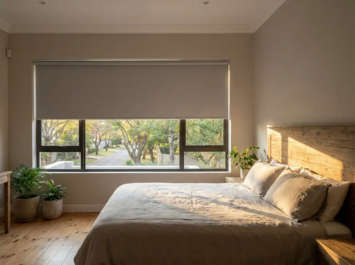 Soft grey blockout roller blind half-lowered over a bedroom window with a wooden headboard, Menlo Park Pretoria home