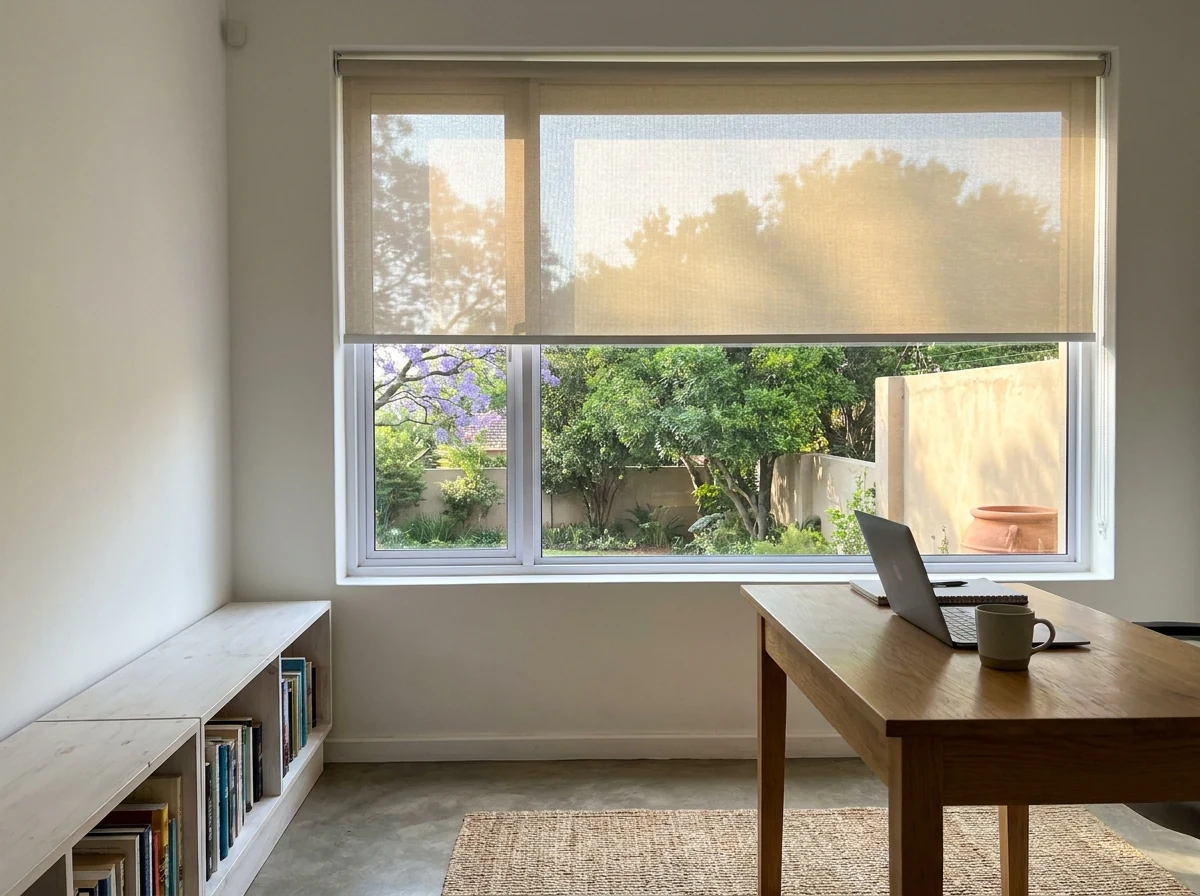 Pale sunscreen roller blind two-thirds down over a Brooklyn home-office window, oak desk below and a jacaranda in the garden beyond