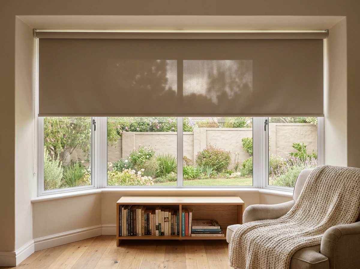 Taupe sunscreen roller blind drawn across a curved bay window in a Brooklyn reading corner, armchair and low bookshelf inside the bay