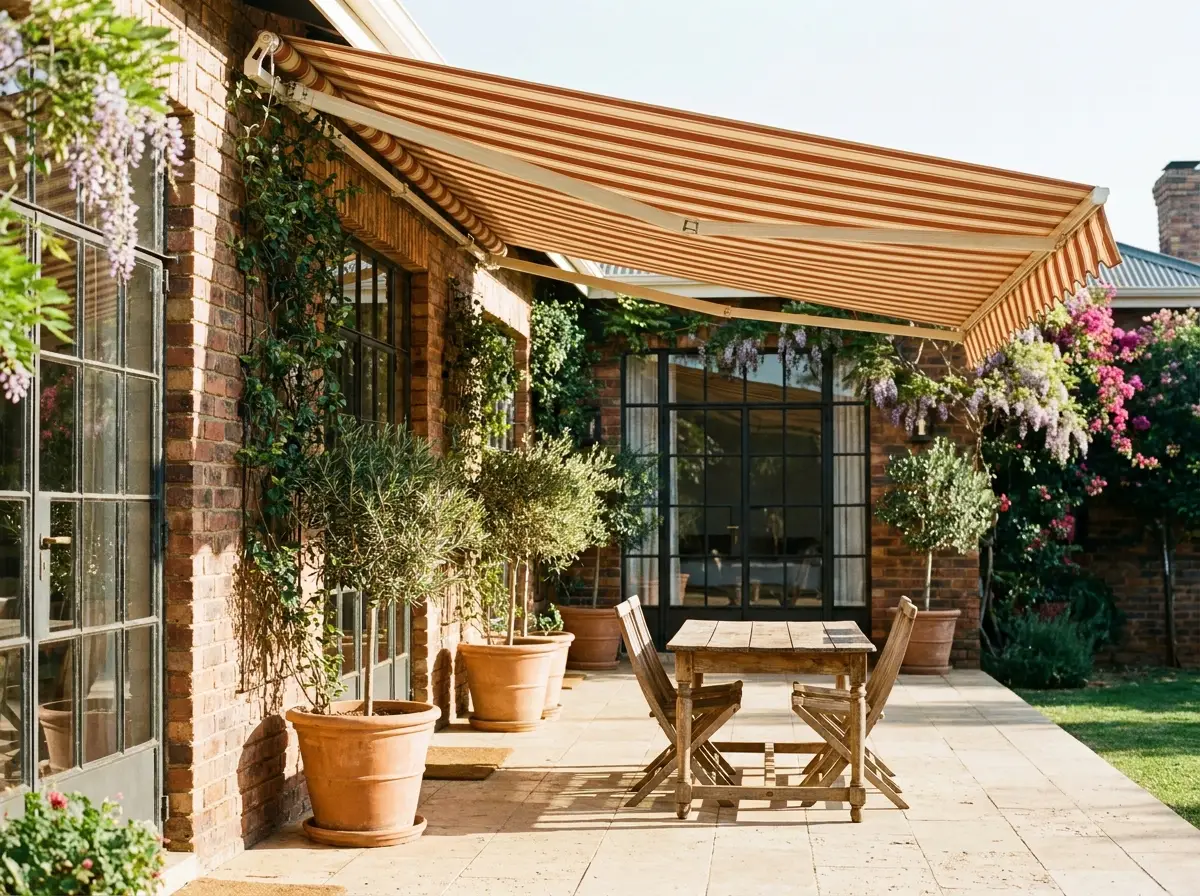 Terracotta-striped folding-arm awning extended over a Brooklyn Pretoria patio, olive trees in terracotta pots beneath