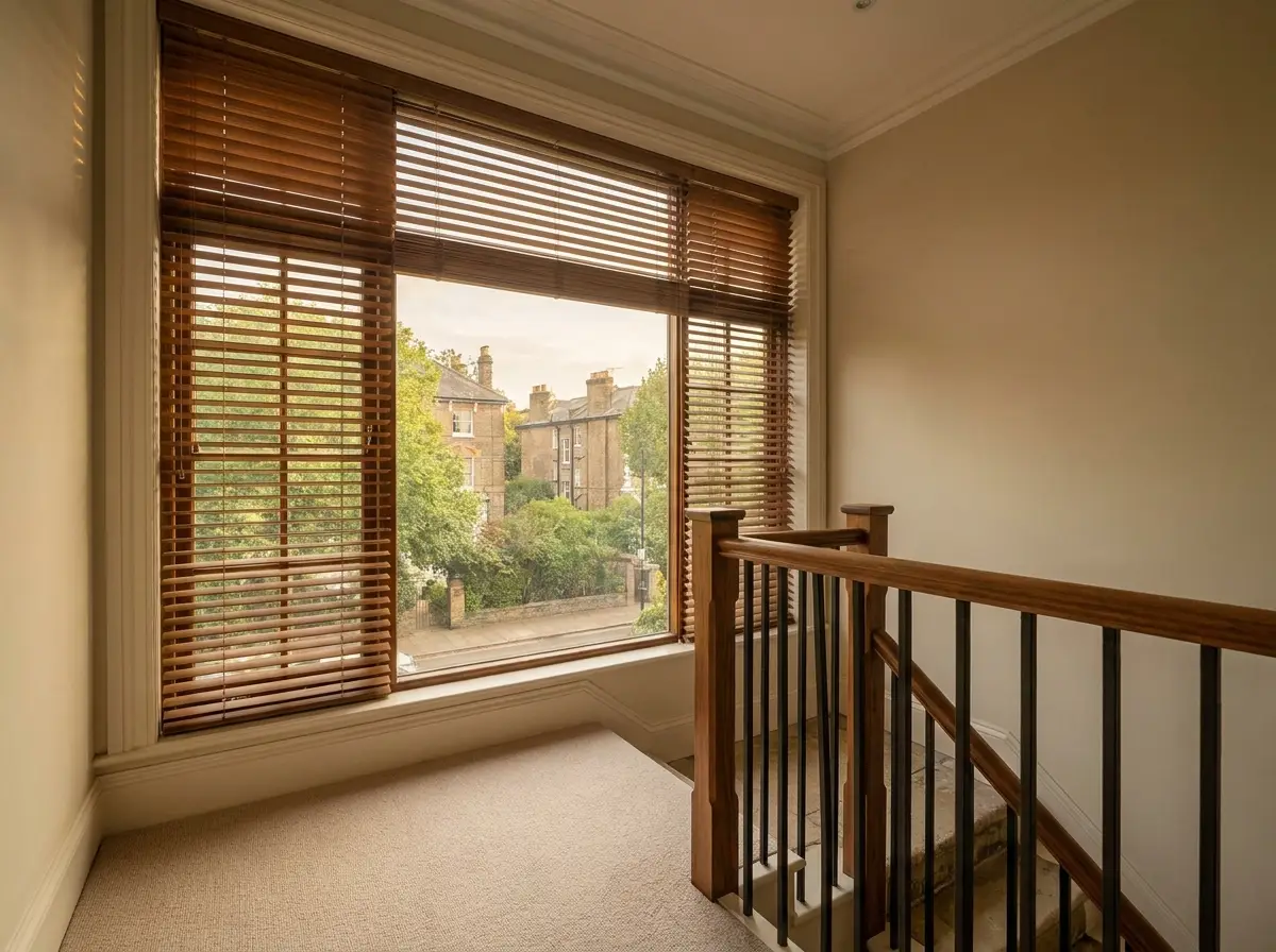 Warm walnut timber venetian blind partially raised over a Brooklyn stairwell window