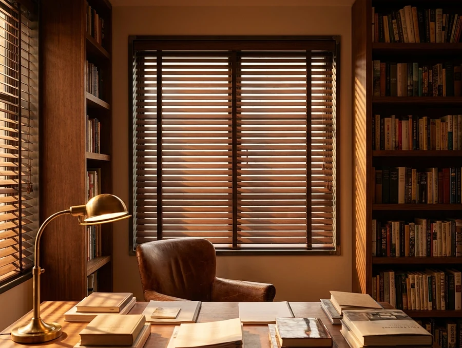 Dark walnut timber venetian blind in a Brooklyn study window, slats tilted so late sun stripes the desk between book shelves