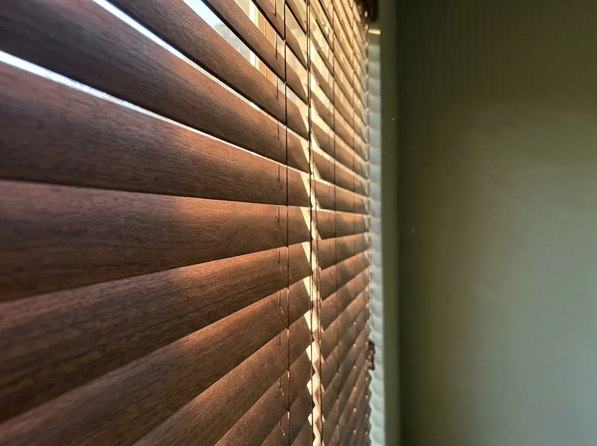 Close-up of dark walnut venetian blind slats angled closed against a sage green wall, Hazelwood Pretoria home